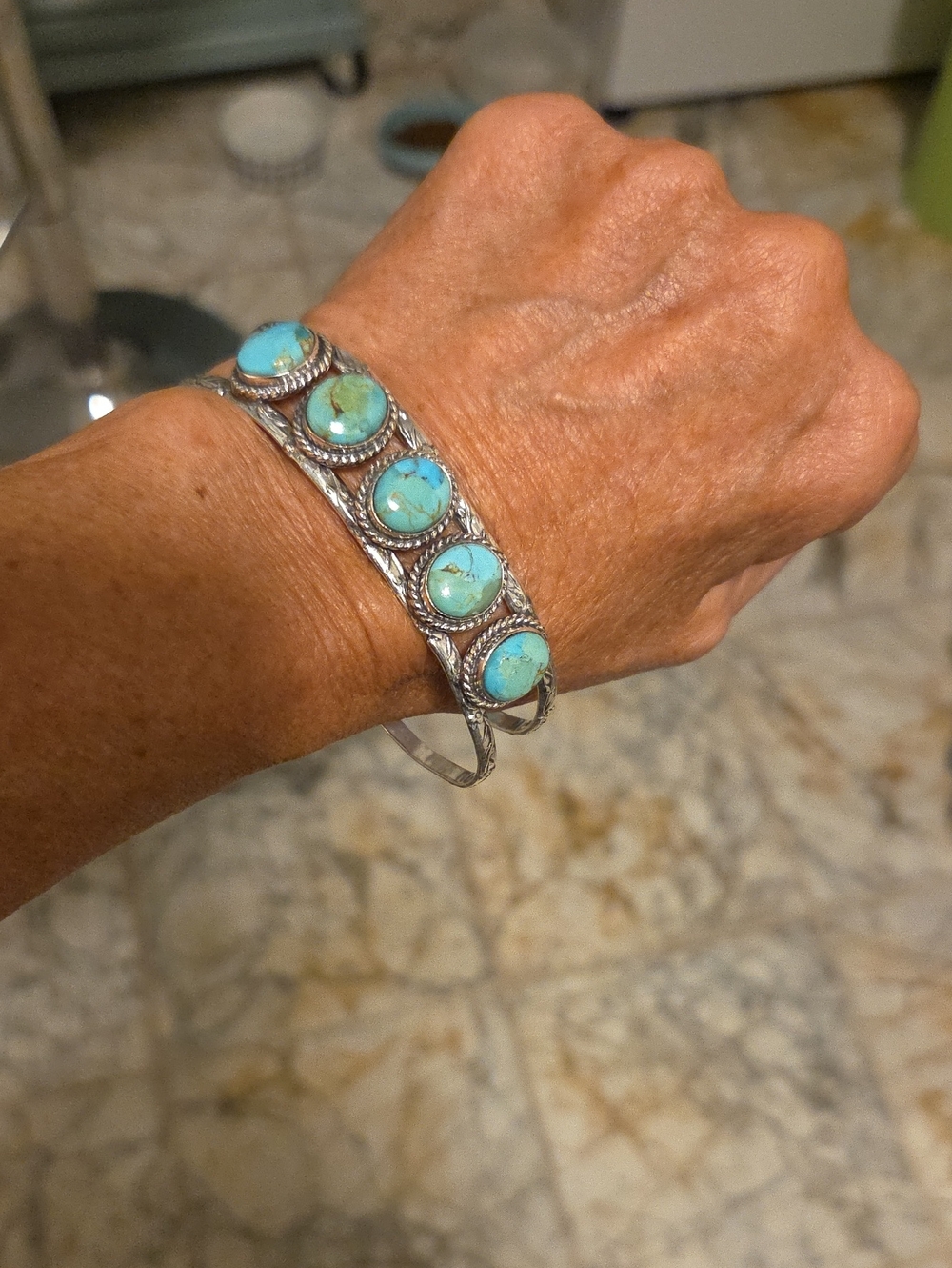 Turquoise Stone Silver Cuff Bracelet - Women Jewelry
